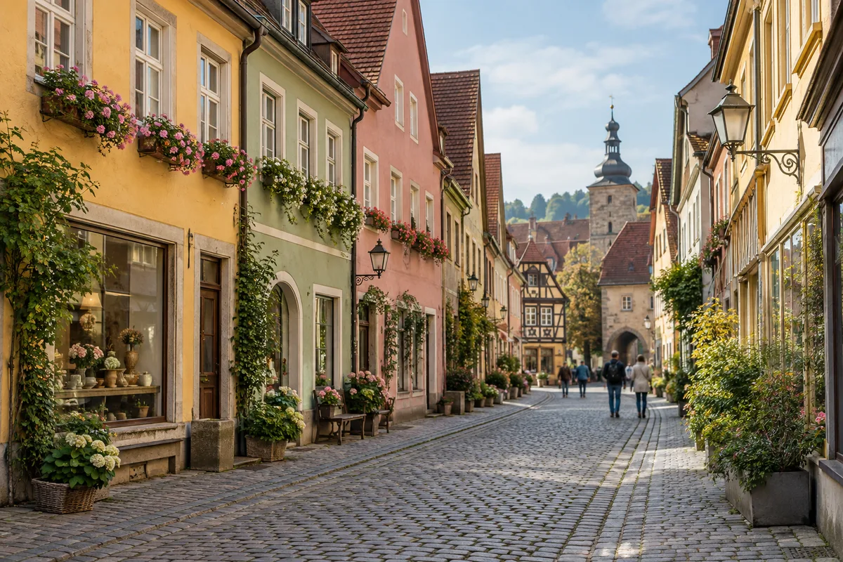 Rue d’une ville allemande bordée de façades colorées, décor des échanges oraux du quotidien