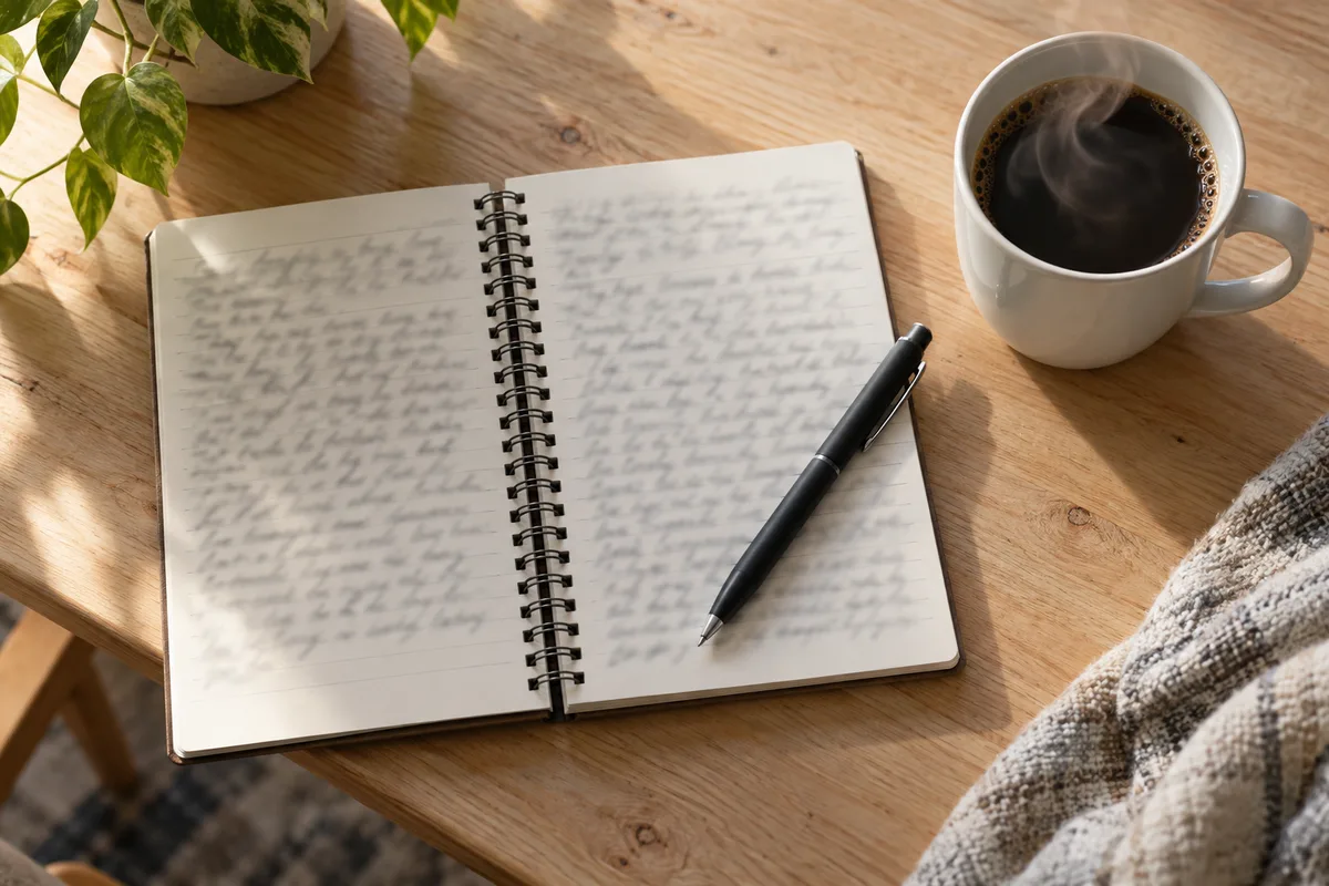 Carnet de vocabulaire allemand ouvert à côté d’une tasse de café sur une table en bois