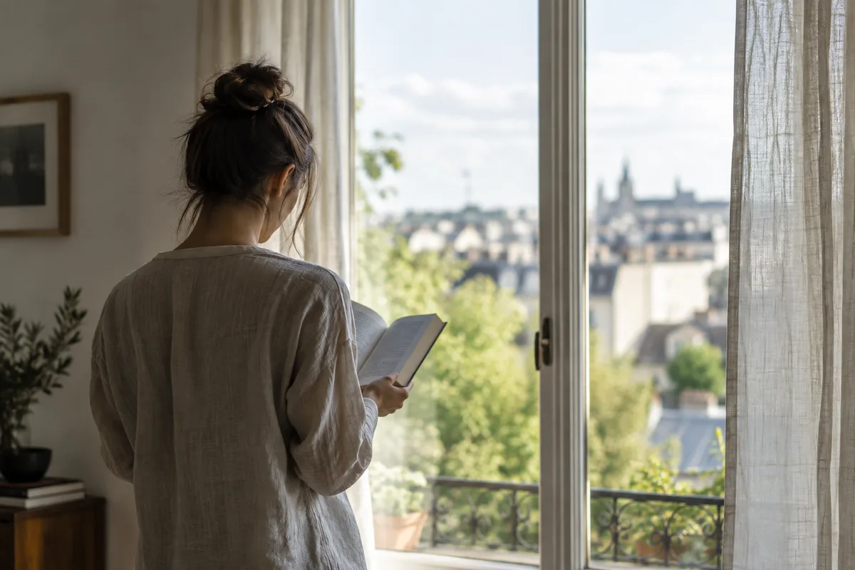 Personne vue de dos lisant un livre à voix haute près d’une fenêtre lumineuse