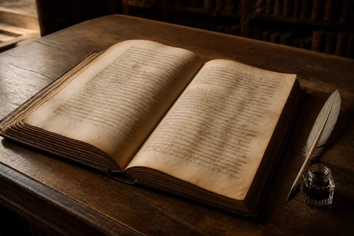 Vieux registre paroissial ouvert sur une table en bois, écriture manuscrite gothique et plume posée à côté