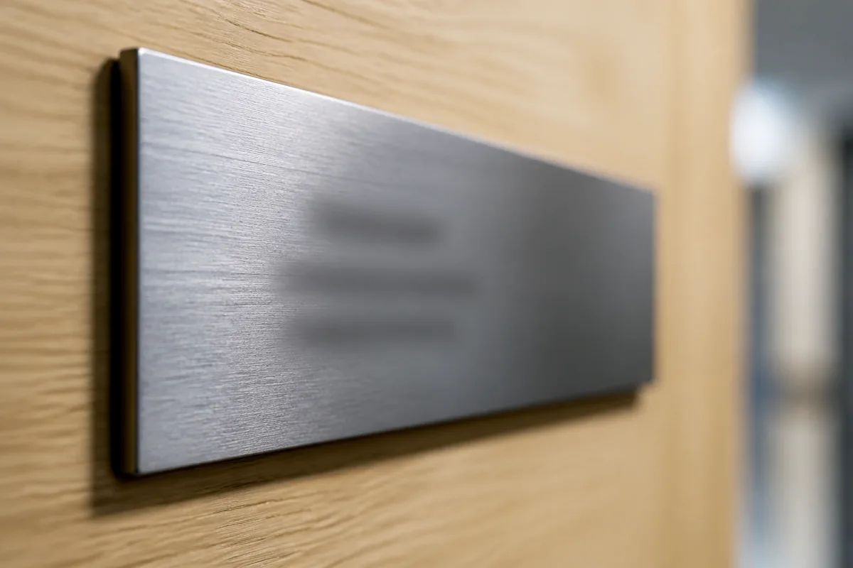 Détail d&rsquo;un panneau de bureau gravé avec un nom composé allemand, lumière rasante sur le métal brossé