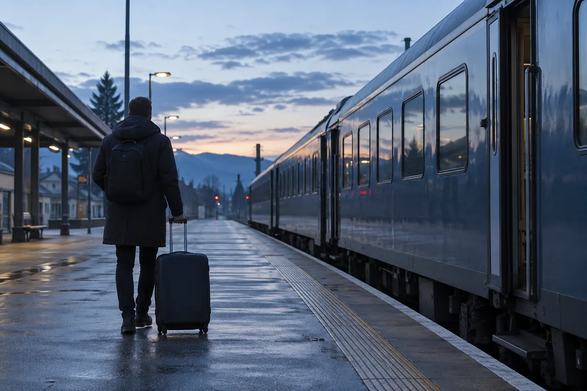 Quai de gare à l&rsquo;aube avec un train régional immobile et un voyageur vu de dos, valise à la main