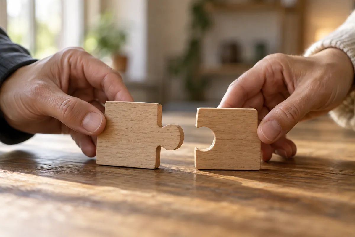 Mains d&rsquo;adulte séparant deux pièces d&rsquo;un casse-tête en bois clair sur une table en chêne près d&rsquo;une fenêtre
