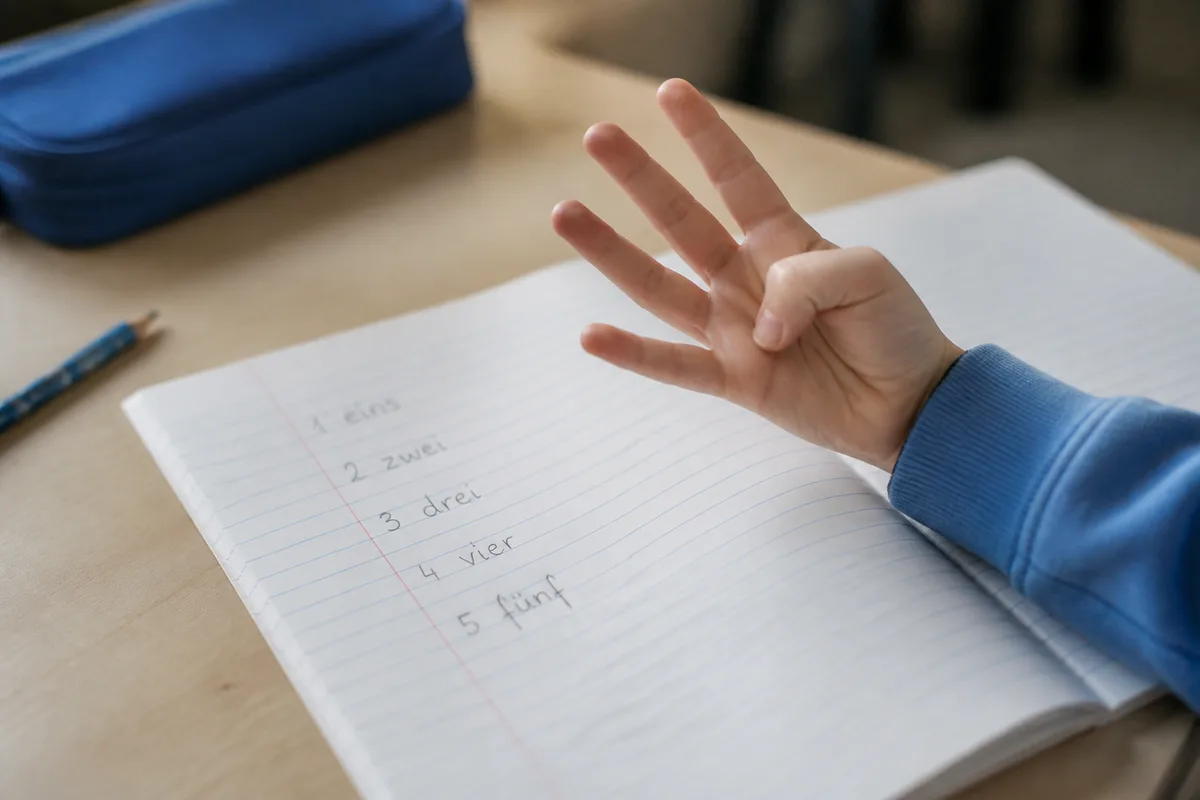 Une main d&rsquo;enfant compte sur ses doigts devant un cahier d&rsquo;écolier où sont écrits les nombres allemands