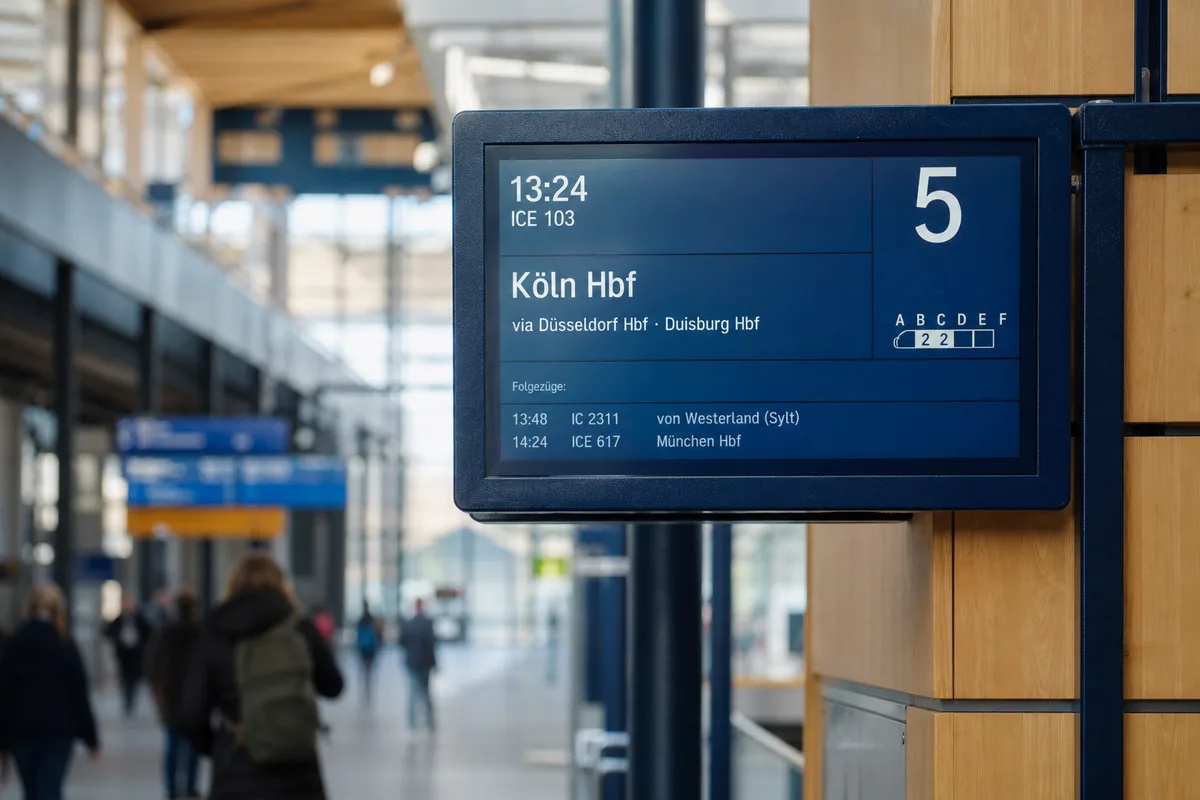 Un panneau de quai de gare allemand affichant un horaire et un numéro de voie, avec des voyageurs en arrière-plan
