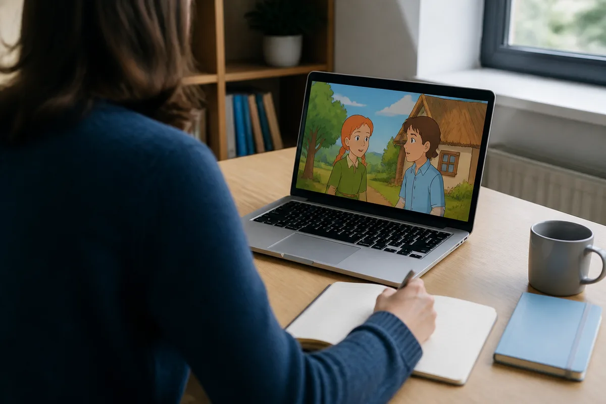 Un adulte regarde un dessin animé en allemand sur un ordinateur portable, un carnet de notes ouvert à côté