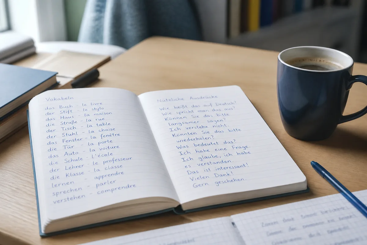 Un carnet de vocabulaire allemand ouvert, avec des expressions notées à la main et un mug de café à côté