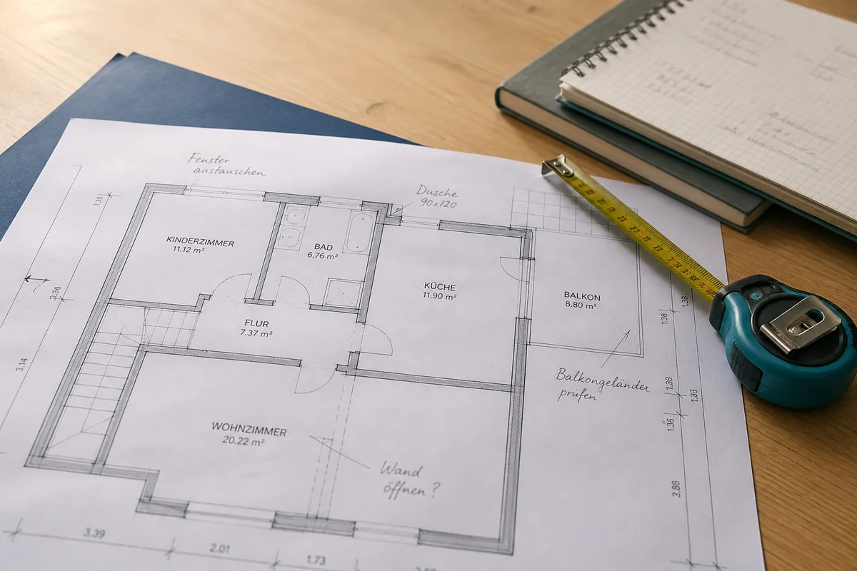 Un plan d&rsquo;appartement annoté en allemand posé sur une table avec un mètre ruban et un carnet