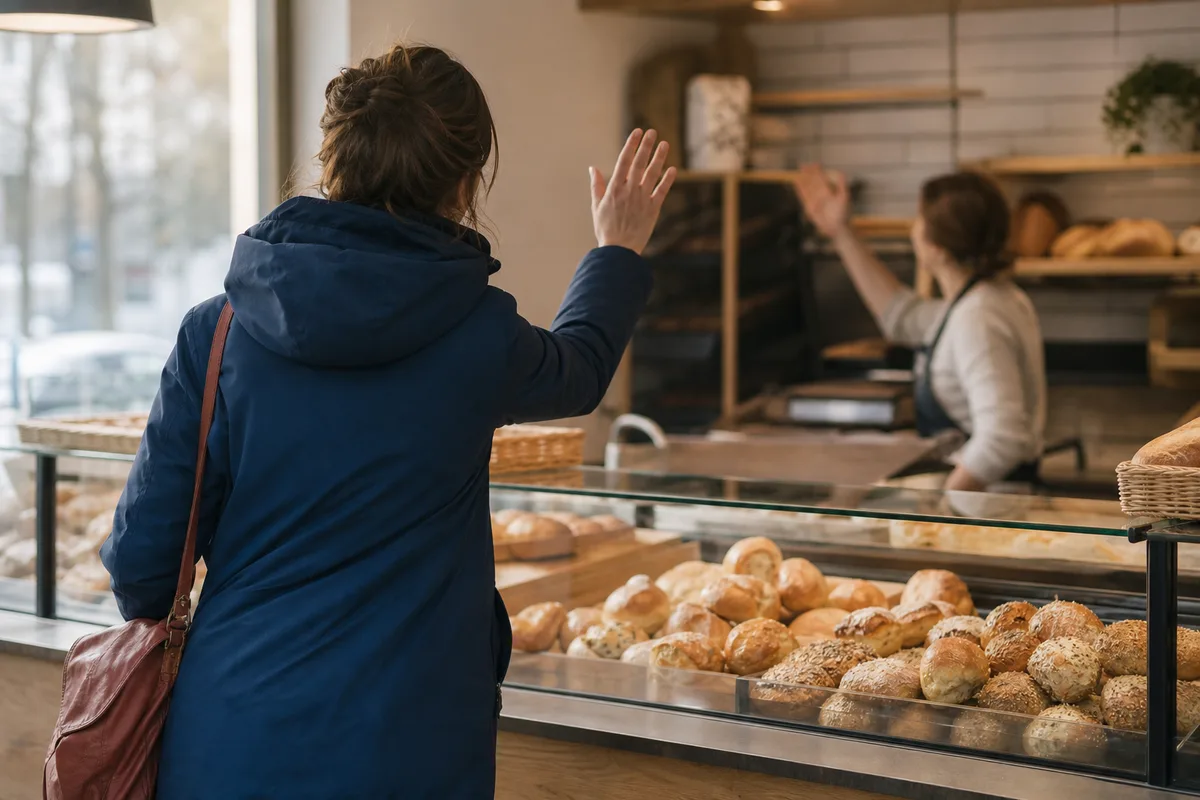 Un client salue une boulangère derrière son comptoir dans une boulangerie allemande le matin, vitrine remplie de Brötchen
