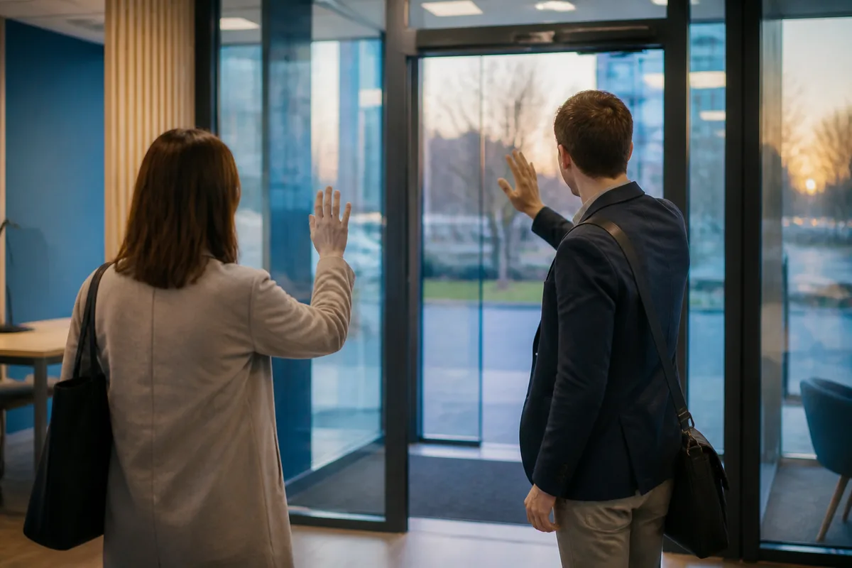 Deux collègues se saluent d&rsquo;un geste de la main devant la sortie vitrée d&rsquo;un immeuble de bureaux en fin de journée