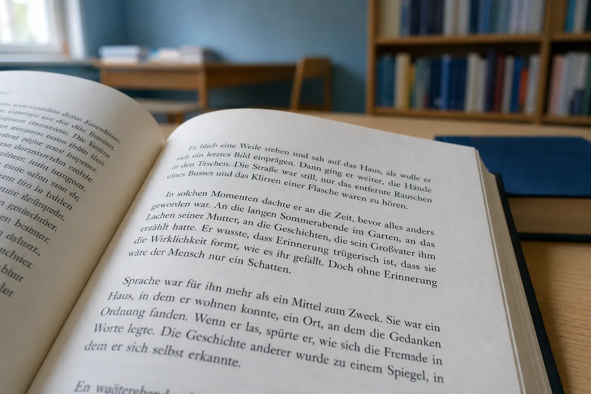 Une page de roman allemand ouverte en gros plan, les noms communs capitalisés bien lisibles