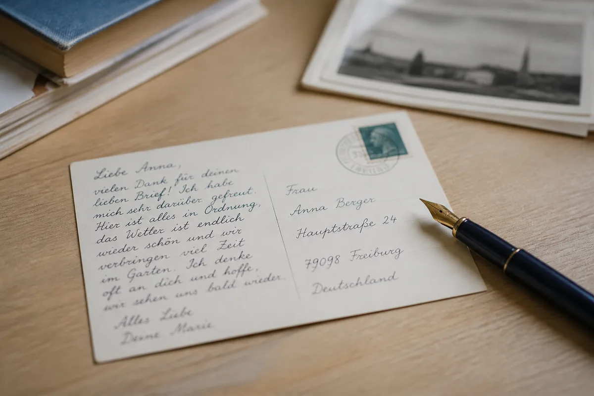 Une carte postale manuscrite en allemand posée sur un bureau en bois, à côté d&rsquo;un stylo plume