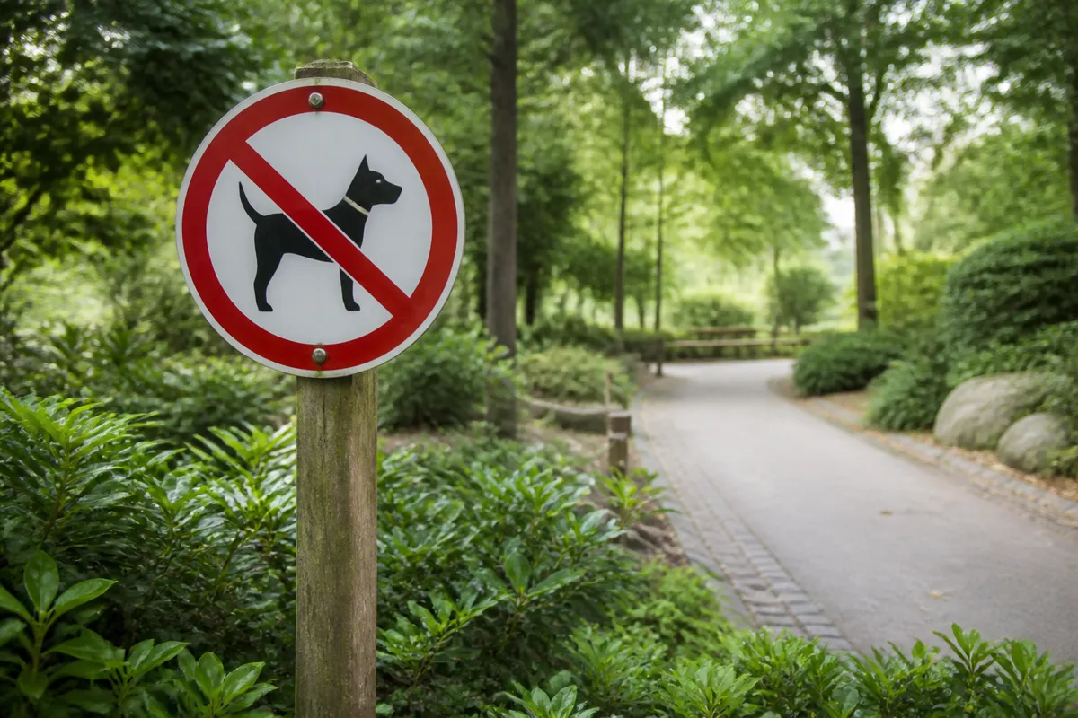 Un panneau d&rsquo;interdiction dans un parc public allemand, entouré de végétation, avec un chemin en arrière-plan