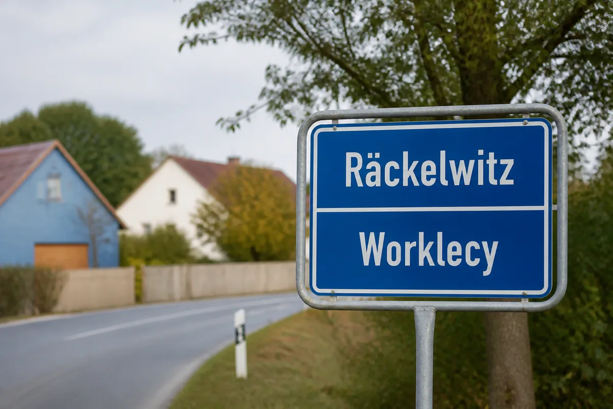 Un panneau de signalisation bilingue à l&rsquo;entrée d&rsquo;un village, avec deux versions du nom de lieu