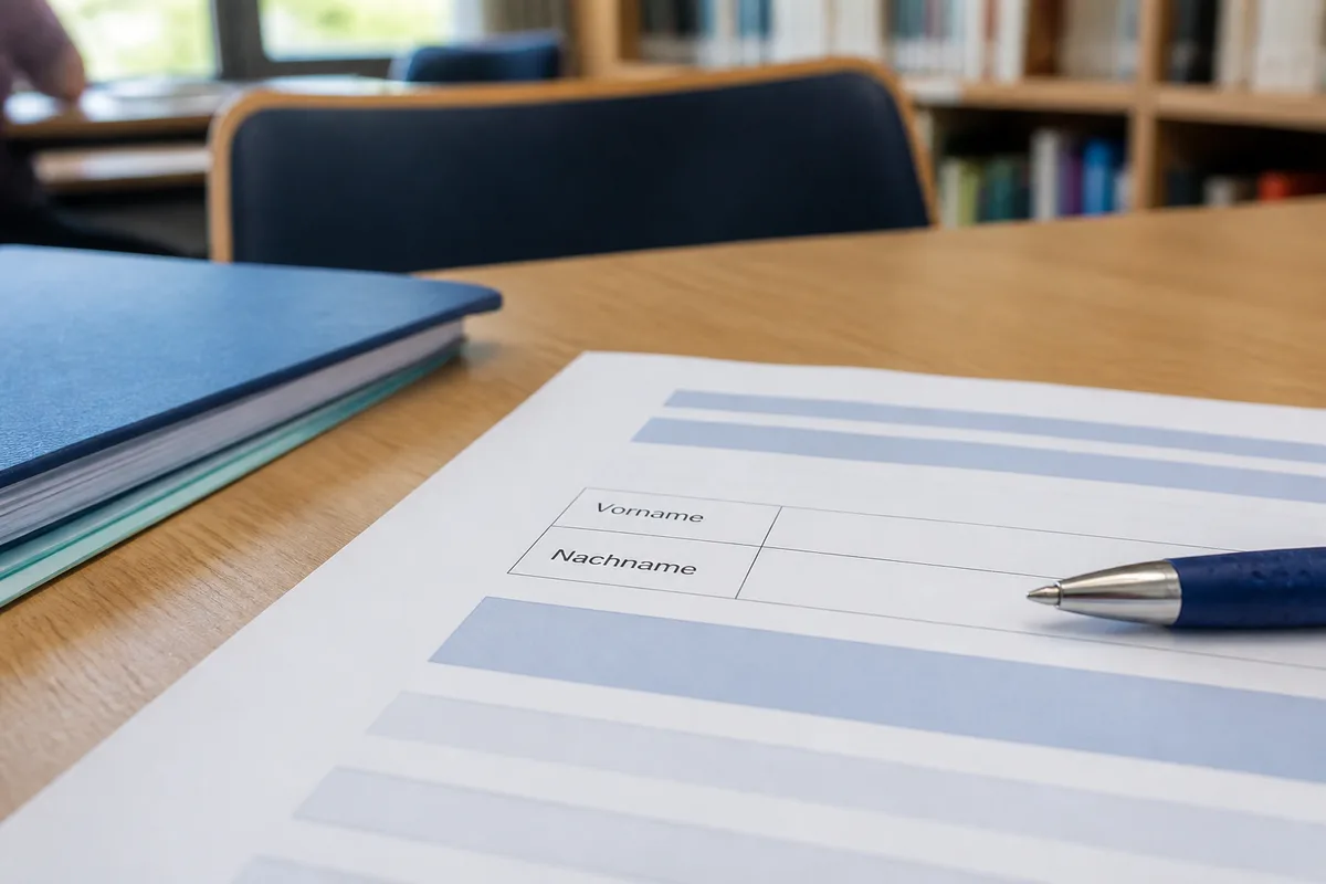 Un formulaire administratif allemand posé sur une table avec un stylo, les champs Vorname et Nachname visibles